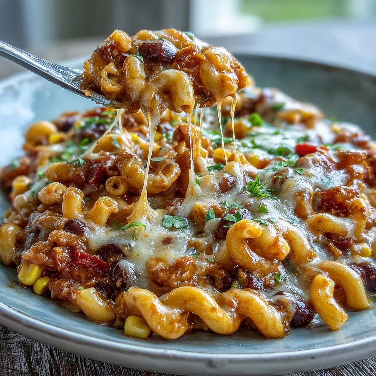 Cheesy Tex-Mex Chili Mac with Corn, black beans, and spices, cooked in one pot for easy cleanup and bold flavor.  