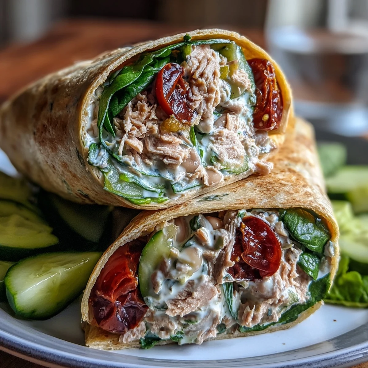 Fresh tuna and white bean salad wraps with crisp cucumber, juicy tomatoes, and zesty lemon dressing in whole wheat tortillas.  