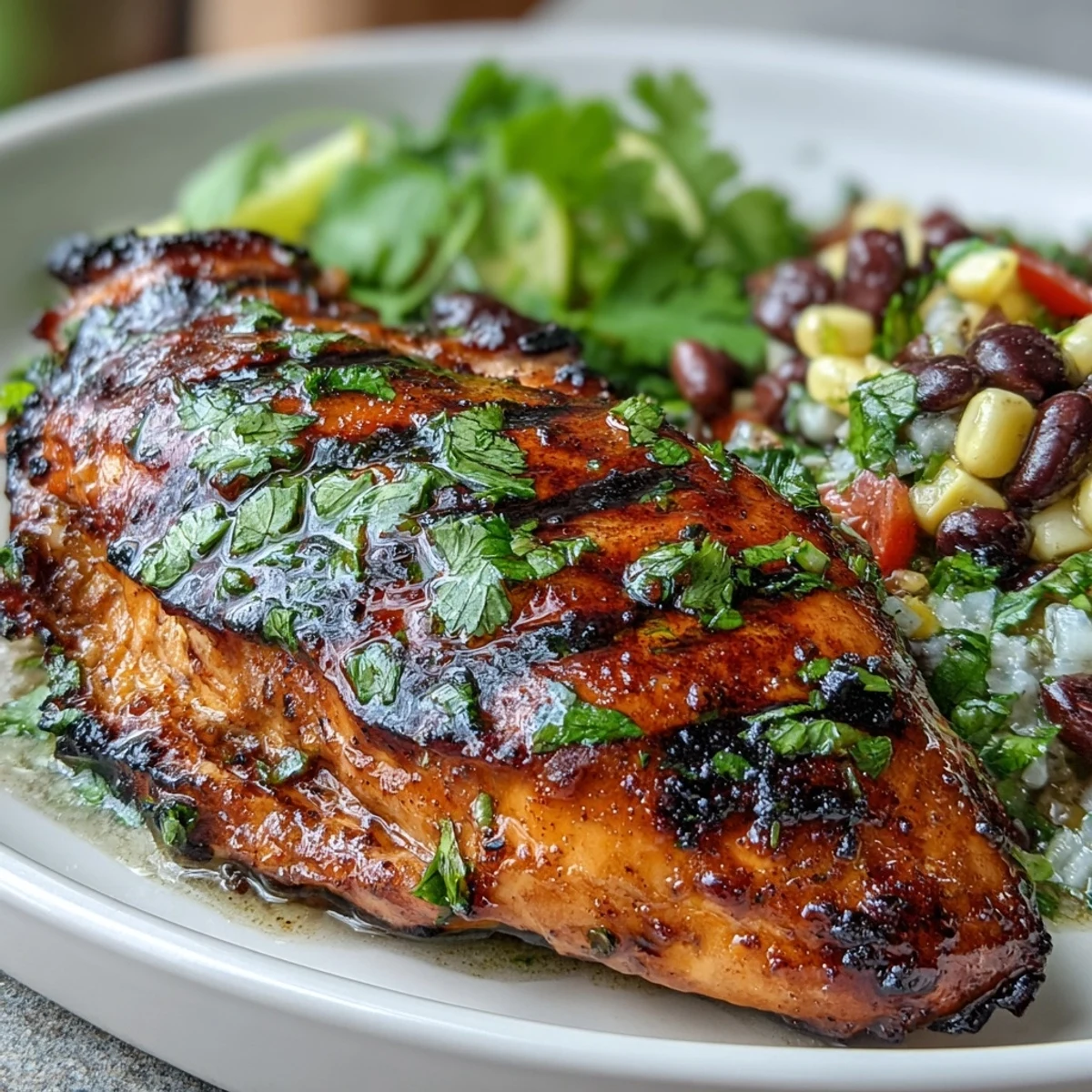 Juicy chicken breasts infused with zesty lime and cilantro, served alongside a colorful corn and black bean salad bursting with flavor.  