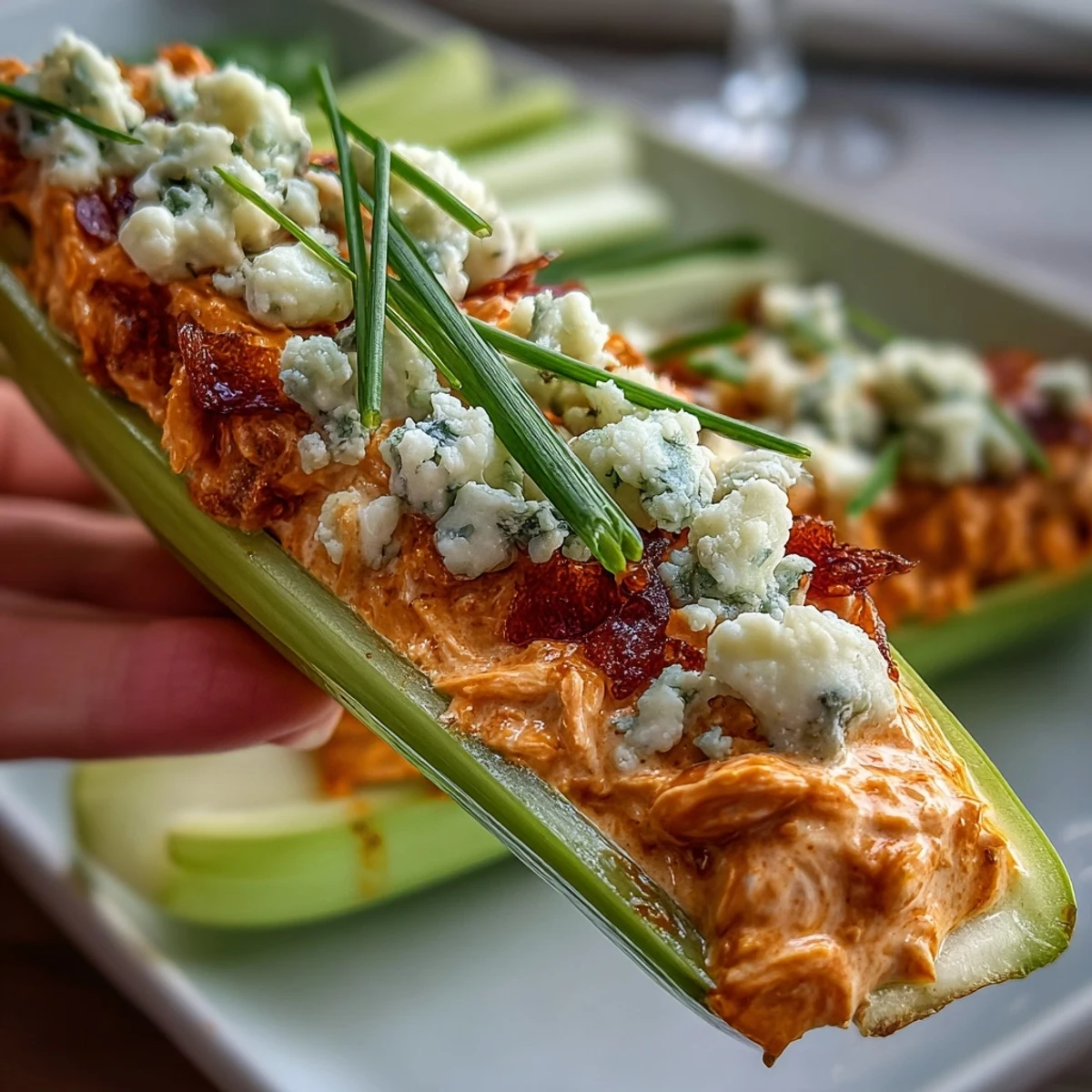 Spicy buffalo chicken filling nestled in crisp celery stalks, topped with tangy blue cheese crumbles.