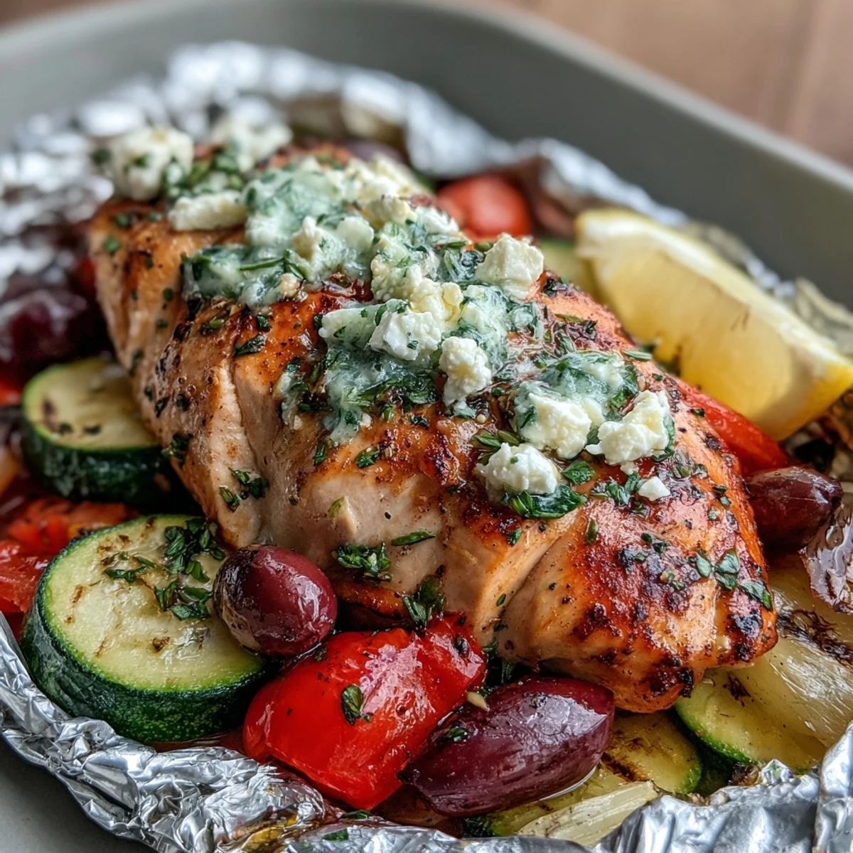 Juicy marinated chicken breasts paired with colorful bell peppers, zucchini, and Kalamata olives, all wrapped in foil for easy cooking.  