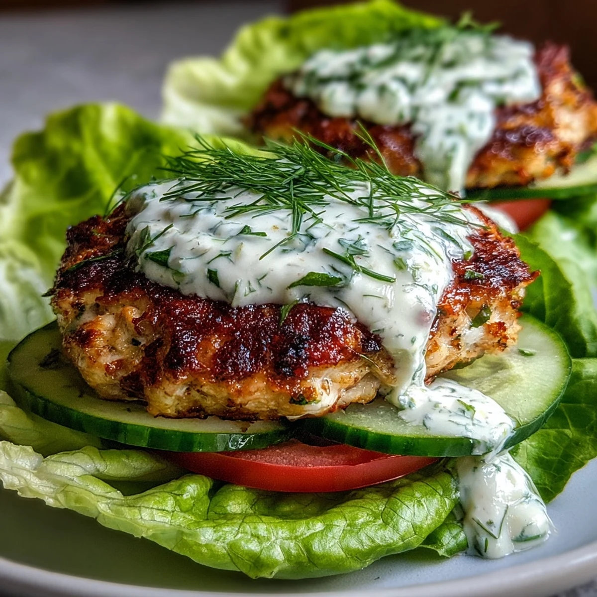 Lightened-Up Turkey Burger Lettuce Wraps with Avocado Ranch served on crisp lettuce leaves and topped with creamy avocado dressing and fresh veggies.