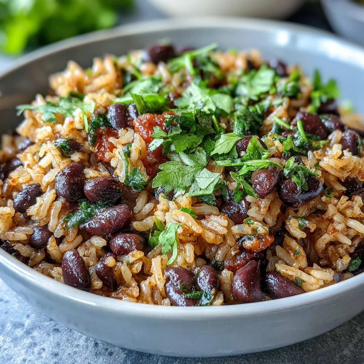 A colorful bowl of Spanish rice and beans, garnished with fresh cilantro and served with warm tortillas.
