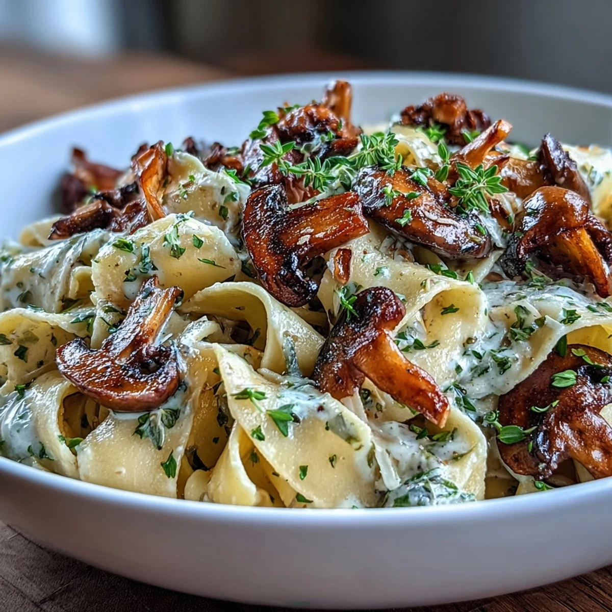 Silky mushroom pasta infused with garlic and thyme, tossed in a luscious cream sauce and served with freshly grated Parmesan for an indulgent vegetarian dinner.