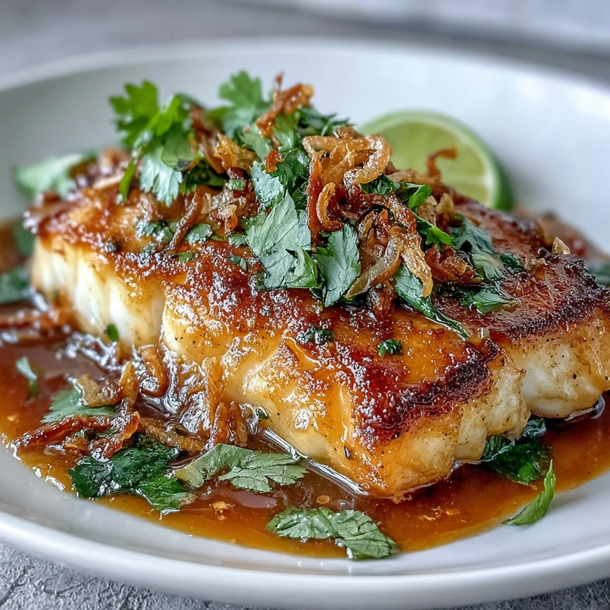A golden, pan-seared fish fillet drizzled with a zesty chilli-lime sauce and sprinkled with fresh cilantro and crispy shallots.