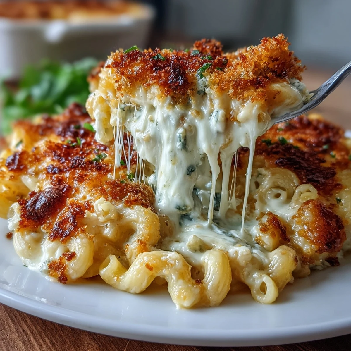 Baked four-cheese mac and cheese with golden panko crust, featuring cheddar, Gouda, mozzarella, and blue cheese for a creamy, savory delight.