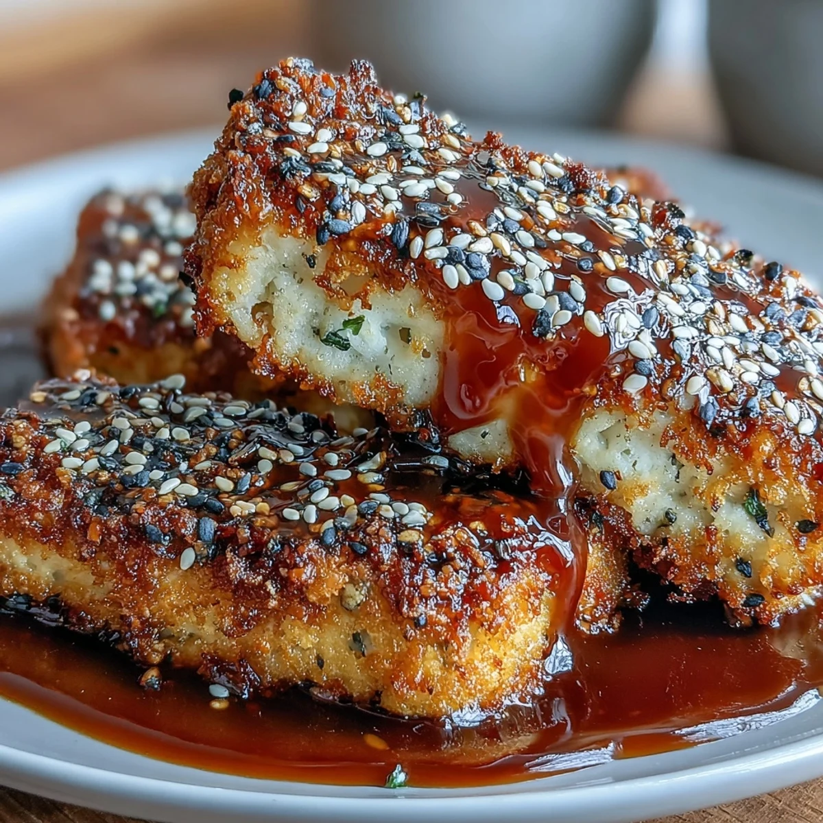 Golden sesame-crusted tofu steaks sizzling in a skillet, coated in a rich teriyaki glaze and garnished with fresh scallions.