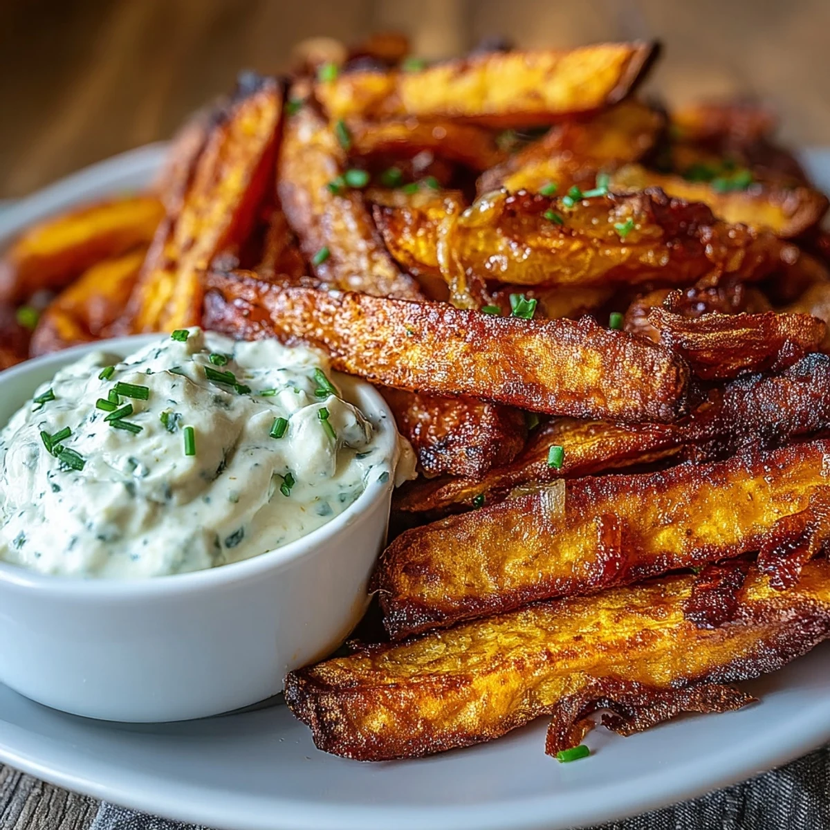 Golden sweet potato fries cooked in air fryer with smoked paprika, served alongside creamy onion dip.  