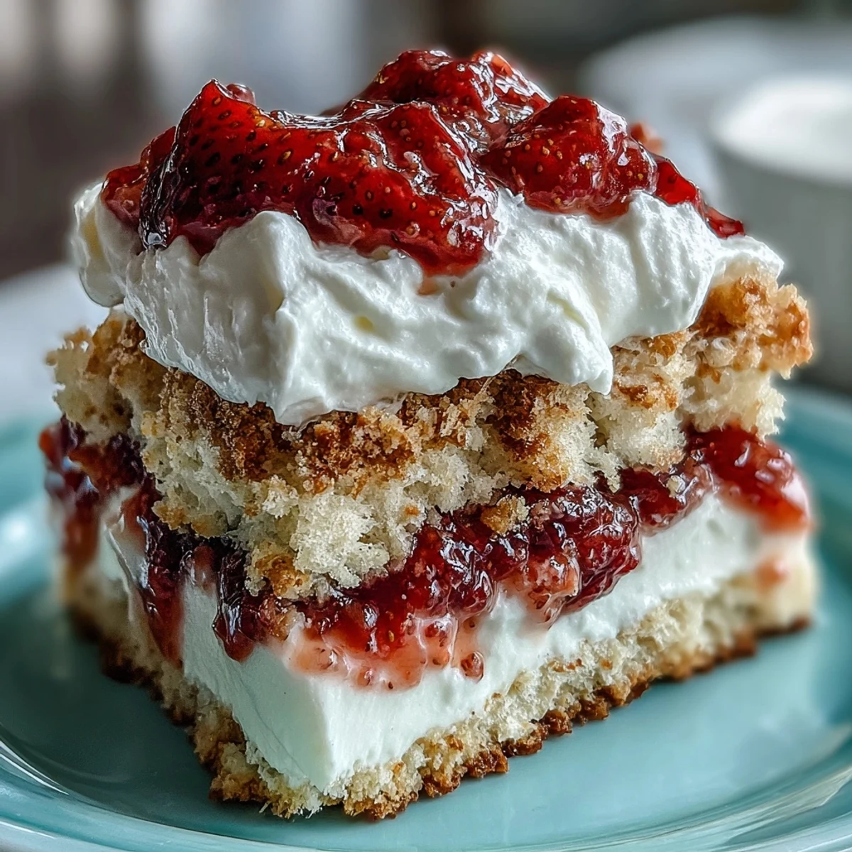 Homemade strawberry shortcake with fresh whipped cream and juicy red berries on a white plate.  