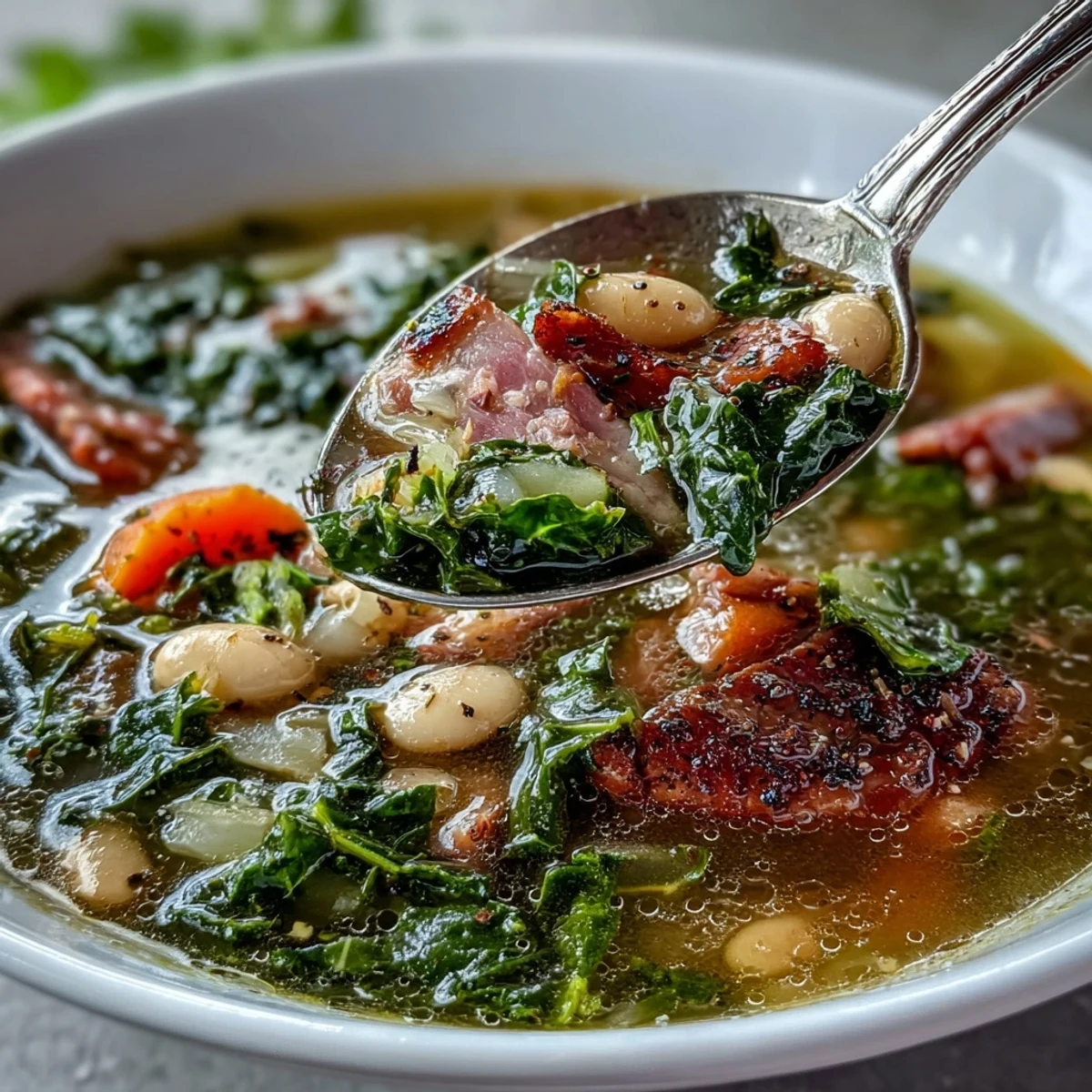 Hearty Ham and Kale White Bean Soup with chunks of ham, white beans, and fresh kale simmered in a flavorful broth.