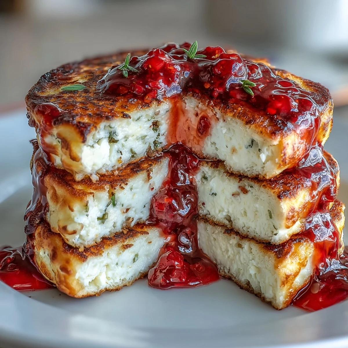 Fluffy cottage cheese pancakes drizzled with vibrant homemade strawberry syrup, perfect for a protein-rich breakfast.  