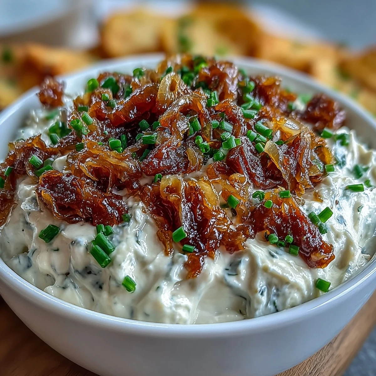 Creamy caramelized onion dip with sour cream and fresh chives, served with crispy potato chips and colorful crudités.  