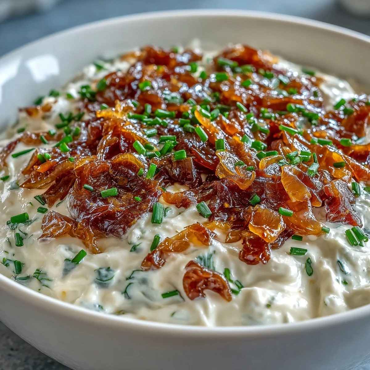 Rich and savory caramelized onion dip featuring tangy sour cream, perfect for dipping crunchy vegetables and buttery crackers.  