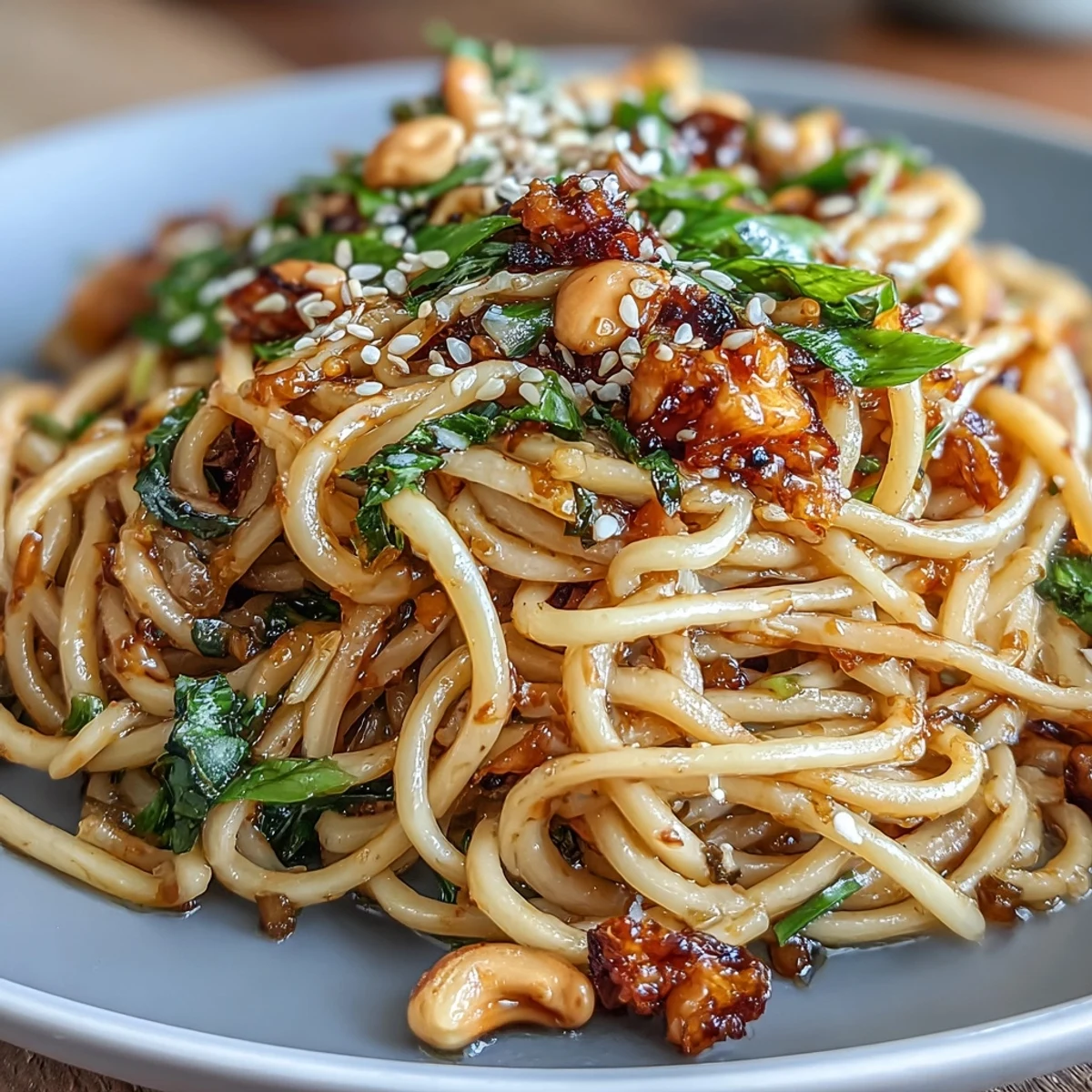 Aromatic ginger scallion noodles tossed in a glossy soy glaze, garnished with sesame seeds and fresh cilantro for an umami-packed vegetarian meal.  