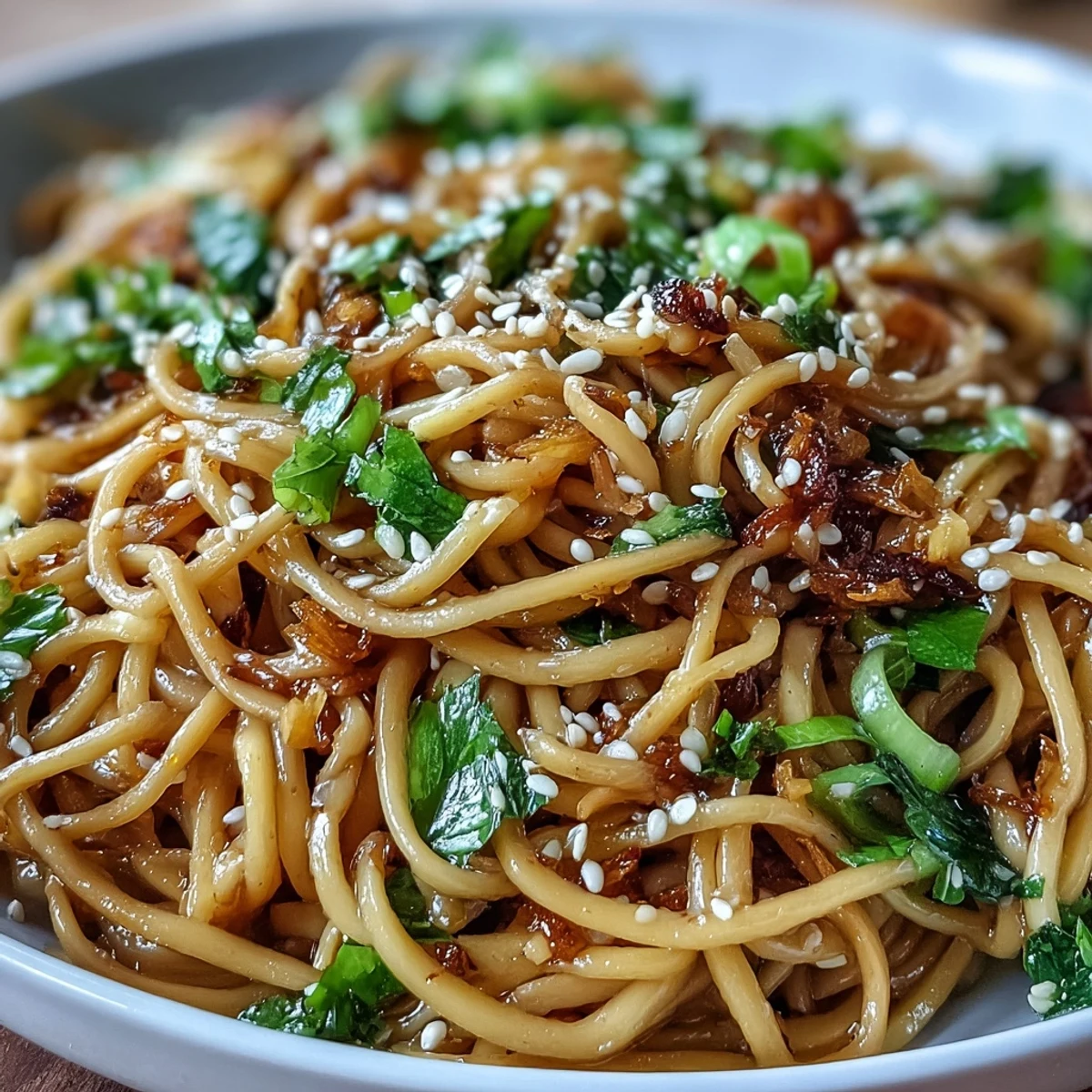 Flavorful ginger scallion noodles in a rich soy glaze, topped with toasted sesame seeds and sliced scallions for a satisfying plant-based dish.