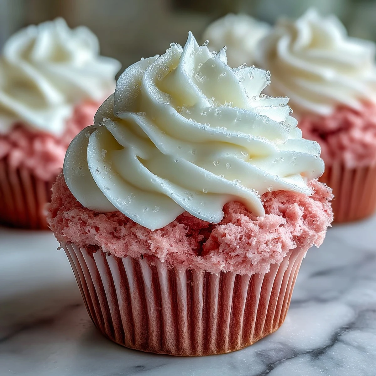 A batch of soft pink velvet cupcakes topped with swirls of creamy cream cheese frosting, perfect for Galentine's celebrations.