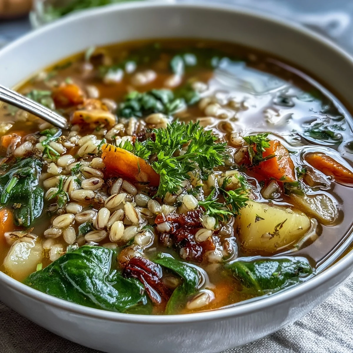 A comforting bowl of vegetable soup with pearl barley, cabbage, and fresh greens, perfect for seasonal transitions.  