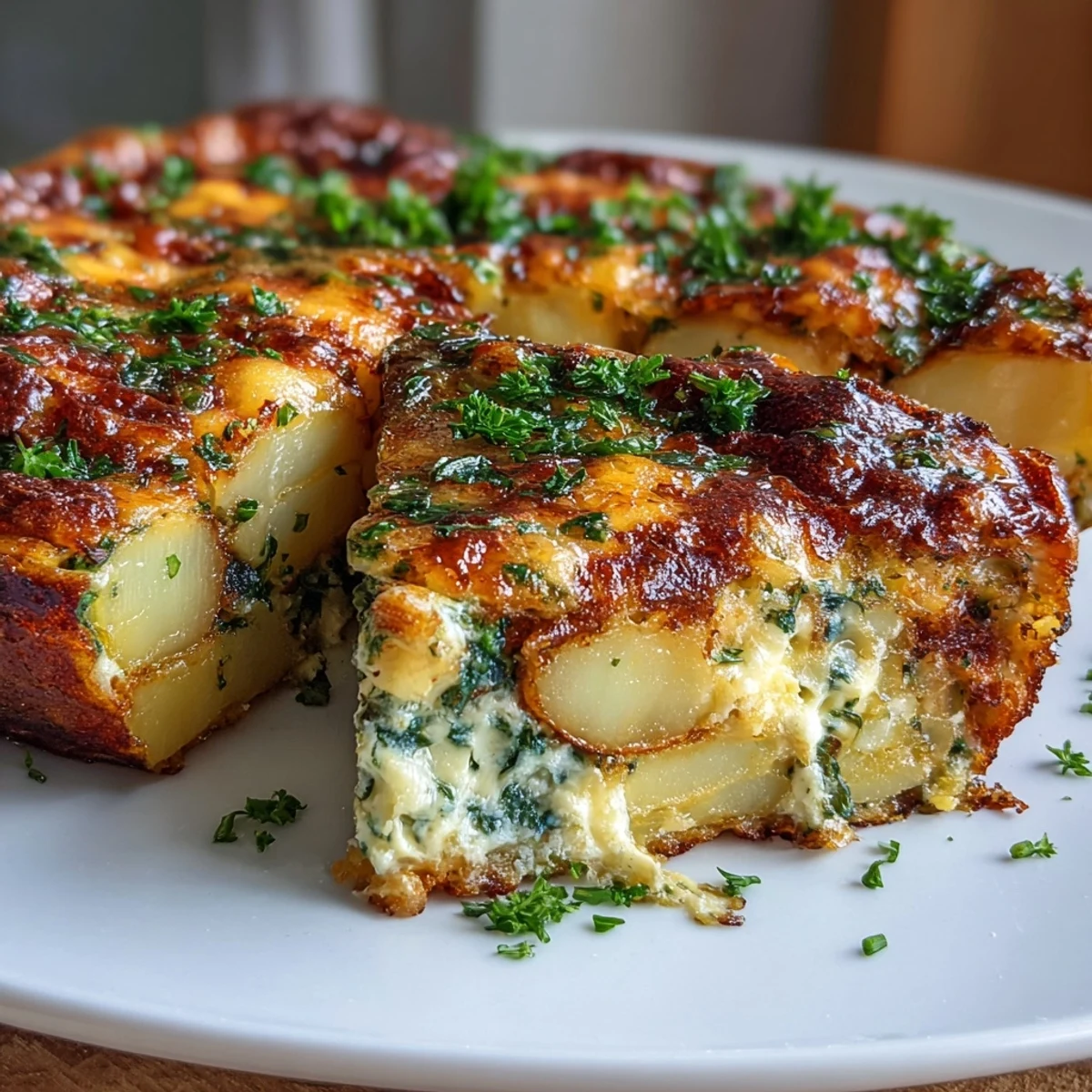 Savory spring onion and potato frittata with rich cheddar, baked to golden perfection for a satisfying vegetarian dish.