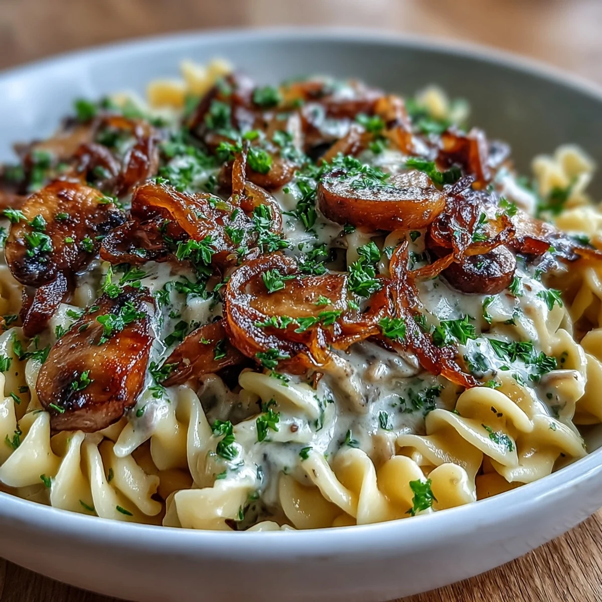Creamy vegetarian onion and mushroom stroganoff served over tender egg noodles with a rich, savory sauce.  