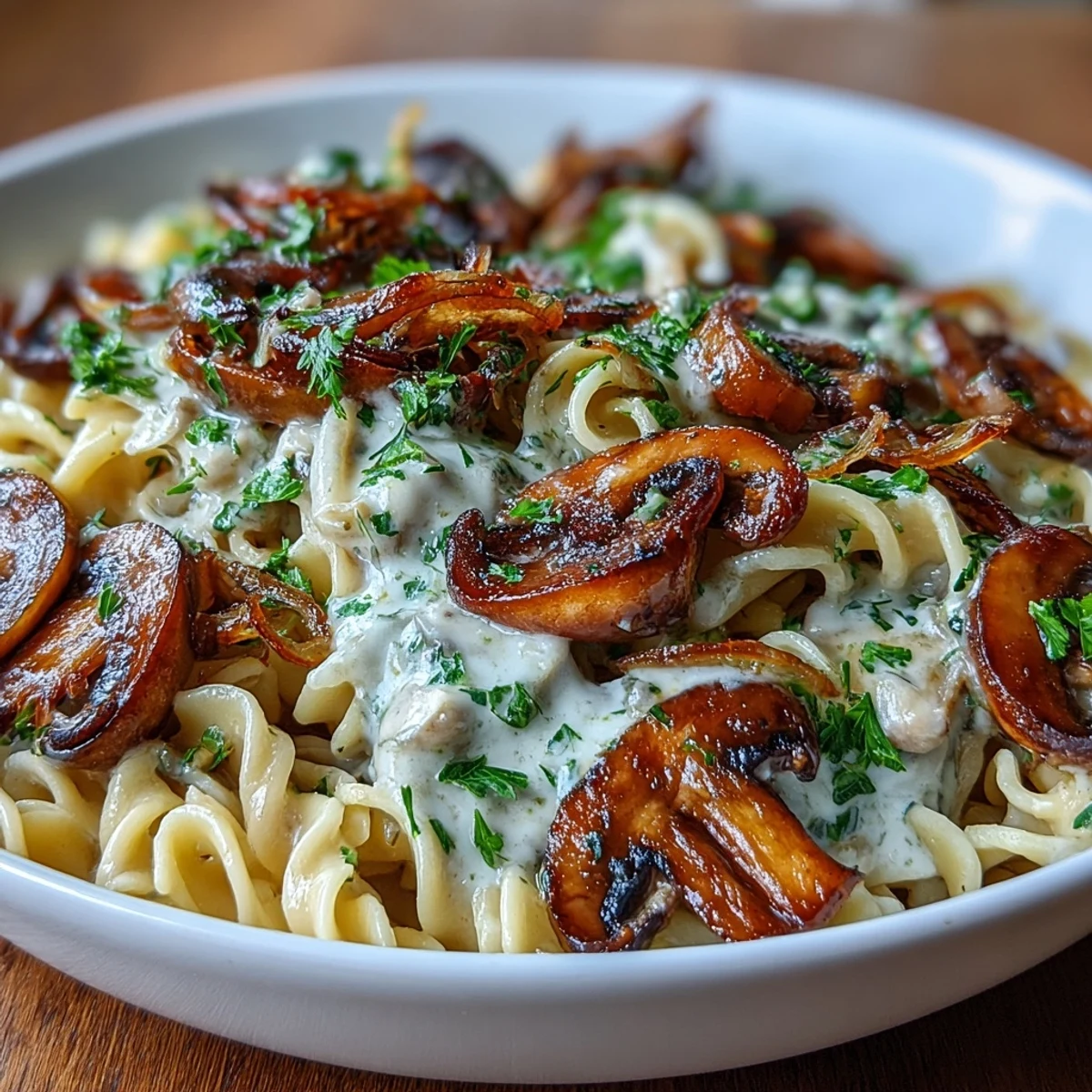 Sautéed onions and mushrooms in a silky sour cream sauce, a hearty vegetarian twist on classic stroganoff over pasta.  