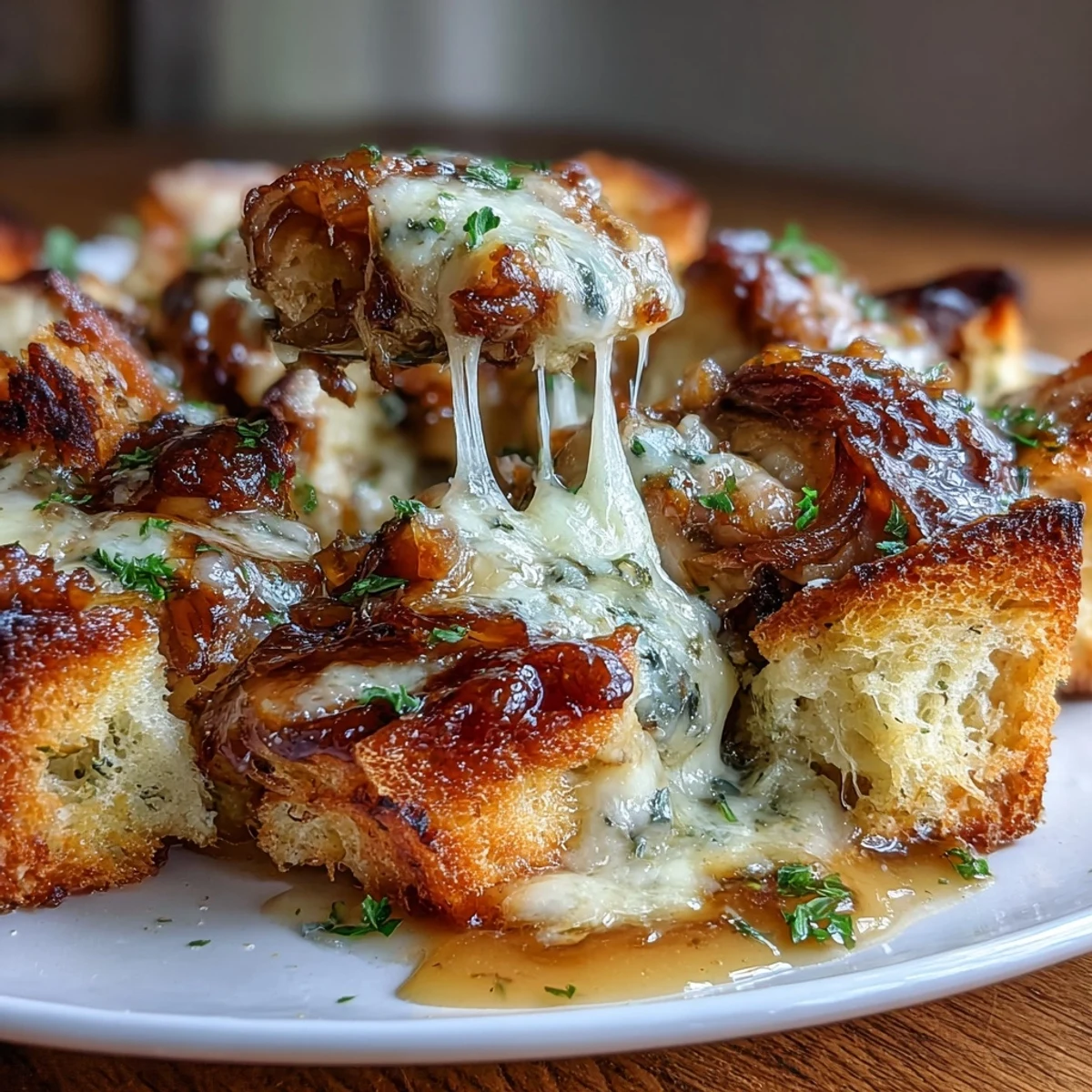 Golden chicken thighs with caramelized onions and melted Gruyère, topped with crisp sourdough cubes in a savory French onion bake.