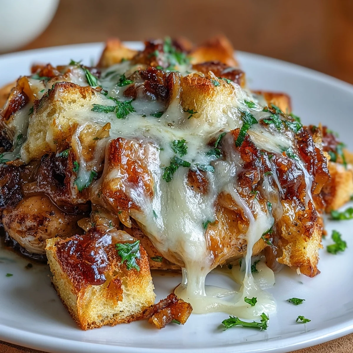 Savory French Onion Chicken Thigh Bake with golden sourdough topping and bubbling Gruyère cheese, served straight from the oven.