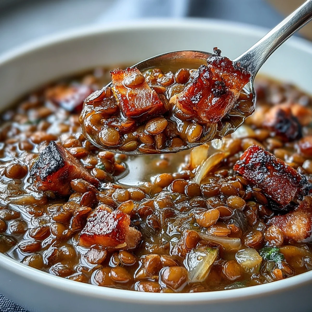 A hearty, rustic stew simmering with diced ham, sweet onions, and earthy lentils in a rich, savory broth.
