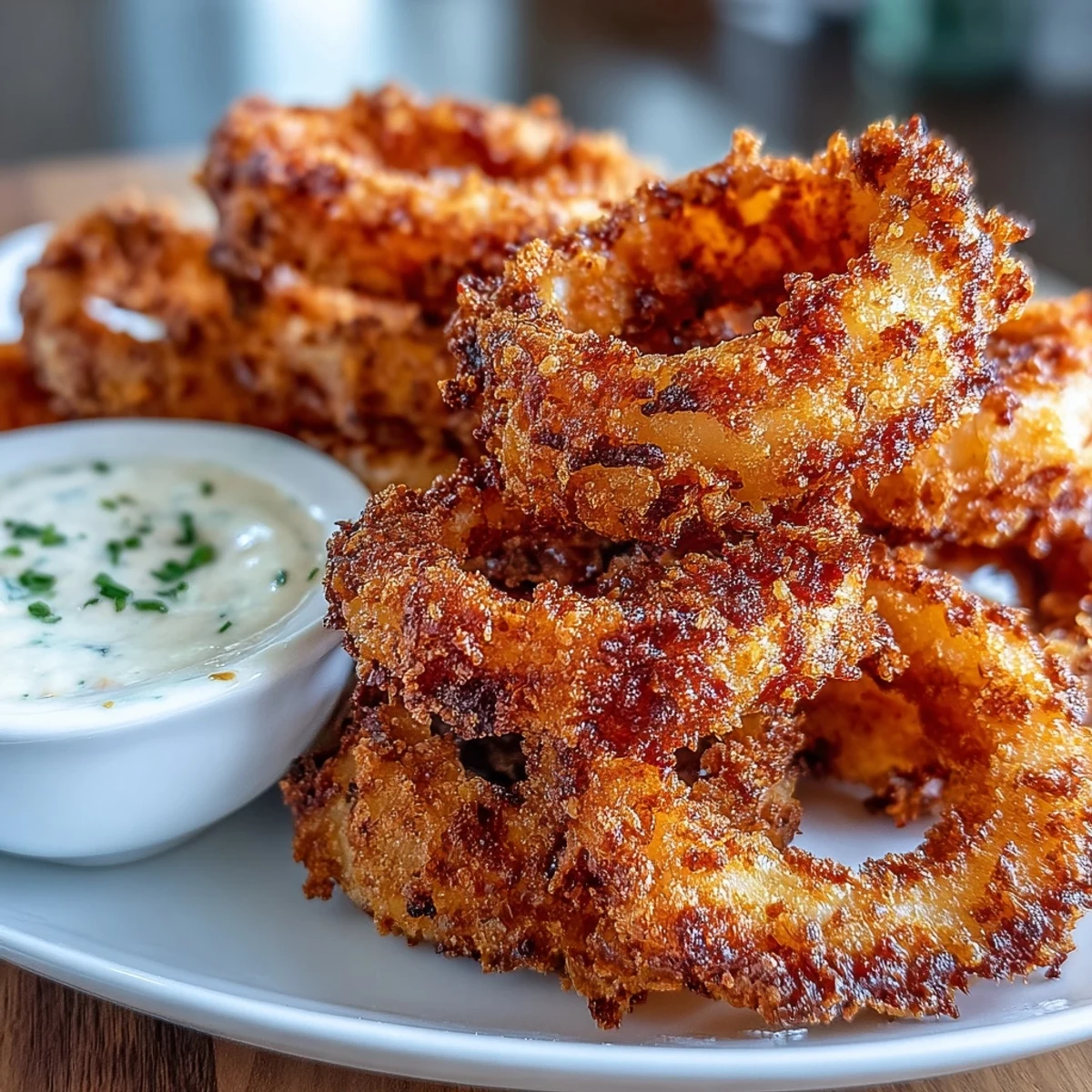 Golden baked onion rings with crunchy panko coating paired with a creamy smoky paprika dip—perfect appetizer for sharing.