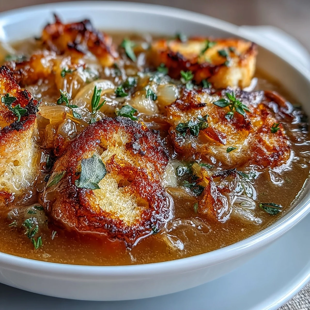 Roasted garlic and onion soup with herb croutons, garnished with fresh parsley and golden croutons.  