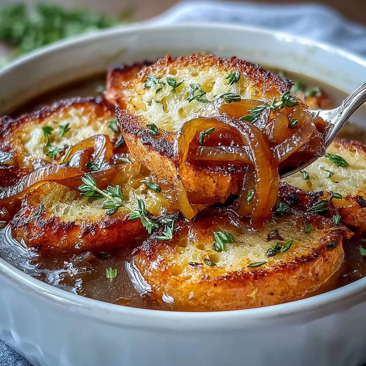 Creamy roasted garlic soup with caramelized onions and crispy herb croutons, perfect for a cozy dinner.  