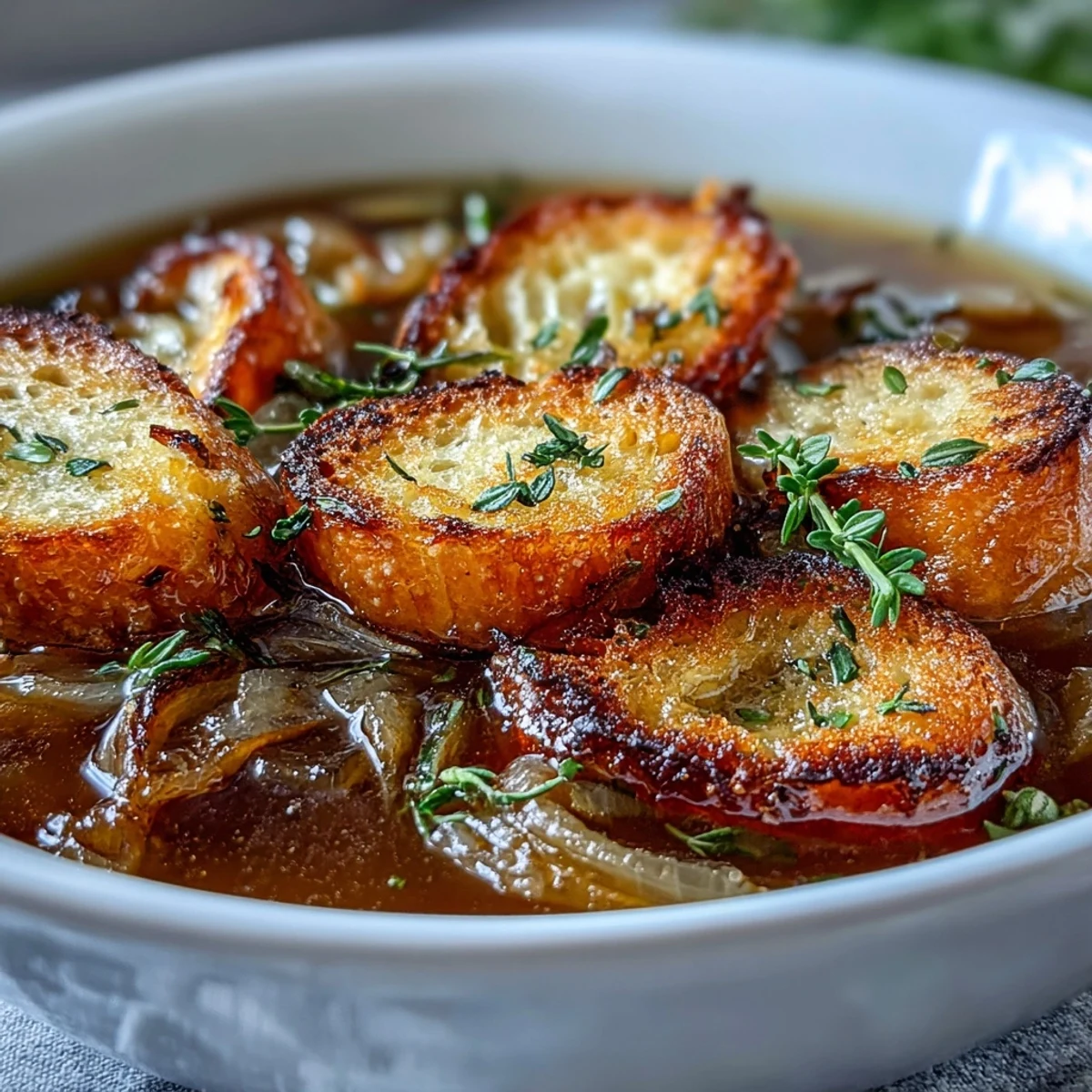 Hearty French-inspired roasted garlic and onion soup topped with aromatic herb croutons and a sprinkle of thyme.