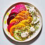 The appealing Kinetic Motion Blur features a colorful veggie arrangement with creamy goat cheese dollops.