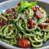 Fresh spiralized zucchini noodles topped with basil pesto and sweet cherry tomatoes, garnished with Parmesan and basil leaves.