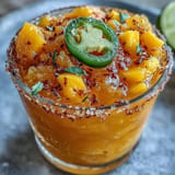 Spicy sweet Fricy Spicy Mango Margarita Slushie shimmering, garnished with a lime wedge.