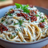 A rich bowl of sun-dried tomato alfredo pasta, perfectly coating tender fettuccine.