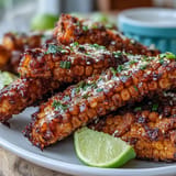 A close-up of oven-roasted chili crisp corn ribs, glistening with spice and ready to eat.