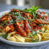 Velvety Italian pasta dish featuring juicy chicken and fresh basil.