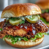 Juicy fried chicken sandwich drizzled with sweet spicy hot honey glaze.