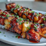 Juicy Pineapple Gochujang Chicken Skewers, hot off the grill, ready to serve.