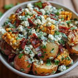 Close-up of Elote Potato Salad with roasted corn and a final sprinkle of chili.