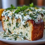 Moist lemon poke cake layered with citrus syrup and creamy basil whipped topping, ready to serve.