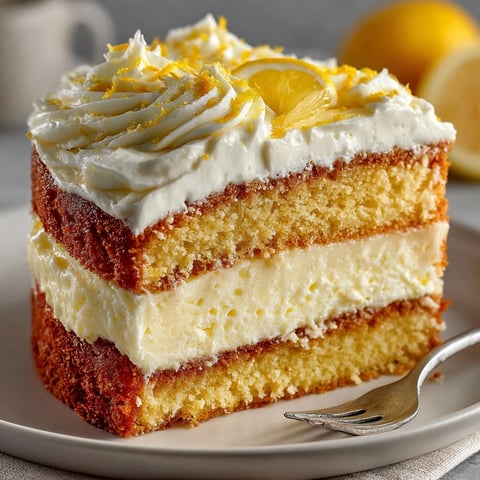 Lemon Cheesecake Cake topped with thin lemon slices, frosted with creamy lemon cream cheese icing.