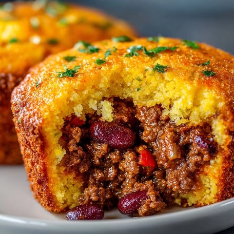 Savory Chili-Stuffed Cornbread Muffins: Golden edges, cheesy hints, and a delicious meaty filling.