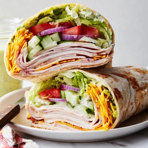 Close-up of a juicy Avocado Ranch Turkey Wrap, showing colorful layers of filling.