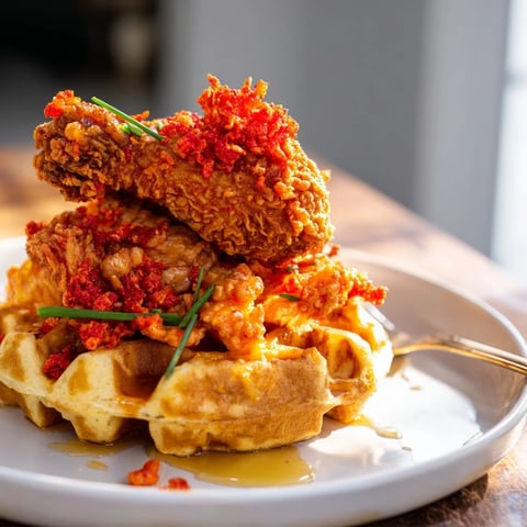 Crispy Flaming Hot Chicken Biscuit Waffles drizzled with honey for a mouthwatering brunch.