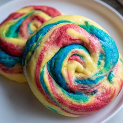 Fluffy cloud bread rainbow version topped with fresh berries and whipped cream.  