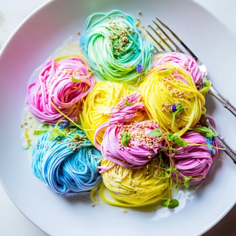 Vibrant Neon Noodle Cloud dish in creamy sauce, perfect for festive gatherings.  