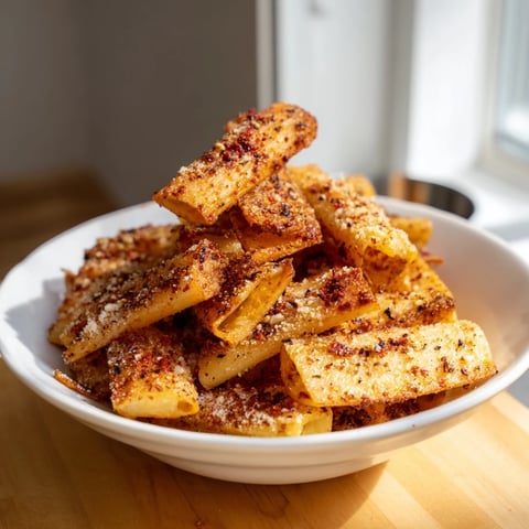 Crispy pasta chips seasoned with garlic and smoked paprika, perfect for snacking.  