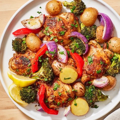 Succulent Lazy Gourmet Chicken & Vegetable One-Pot served with fresh parsley and lemon.  
