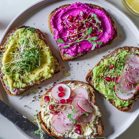 Vibrant Bright & Bold Breakfast Toasts topped with ube, avocado, and fresh garnishes.  